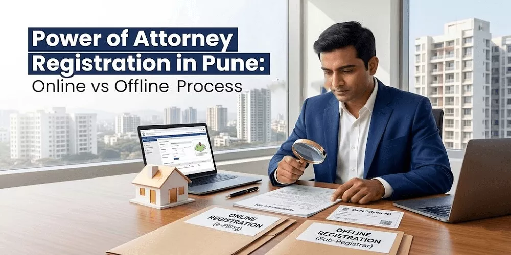 Professional legal consultant reviewing Power of Attorney registration documents in a Pune office, comparing online e-filing methods on a laptop with offline sub-registrar office processes.

